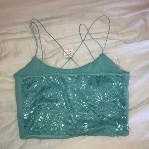 strappy blue tank top with lace back